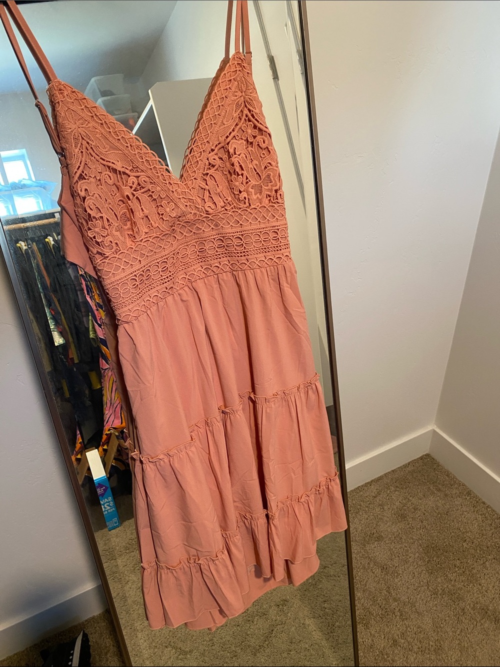 Lace Bodice Tiered Mini Dress in Dusty Rose